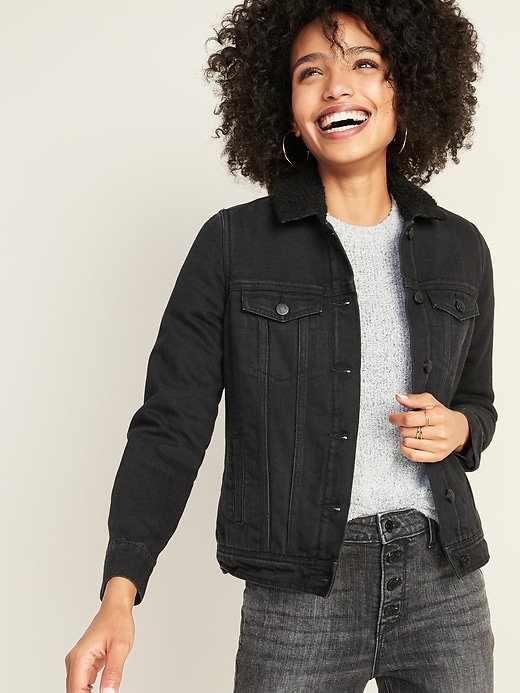 Image number 1 showing, Sherpa-Lined Black Jean Jacket for Women