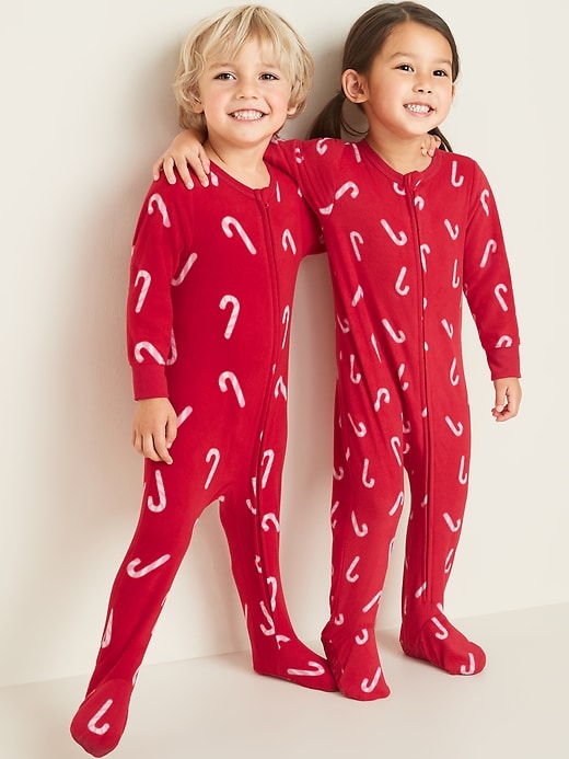 View large product image 1 of 4. Candy-Cane Print Performance Fleece Footie Pajama One-Piece for Toddler & Baby