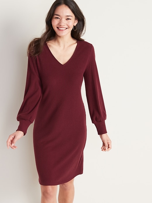 View large product image 1 of 1. Rib-Knit Lantern-Sleeve Dress for Women