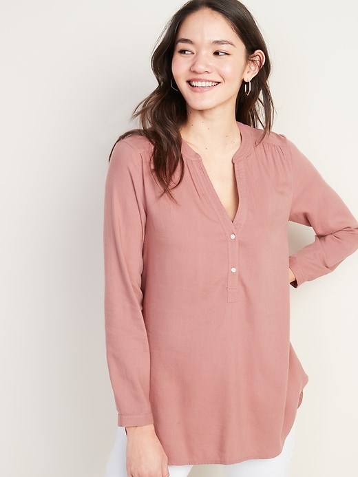 Image number 1 showing, Split-Neck Banded-Collar Tunic for Women