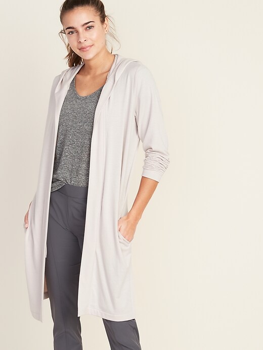 Image number 1 showing, Long Open-Front French Terry Wrap Hoodie for Women