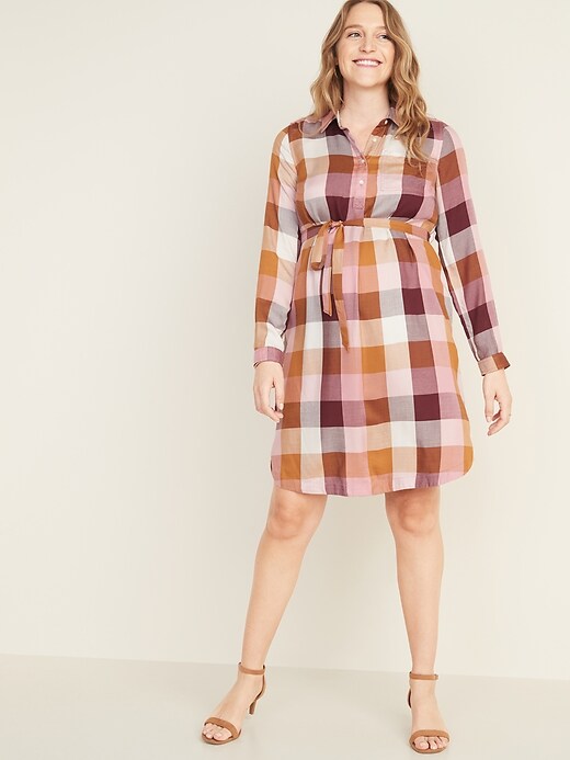 View large product image 1 of 1. Maternity Plaid Tie-Belt Utility Shirt Dress