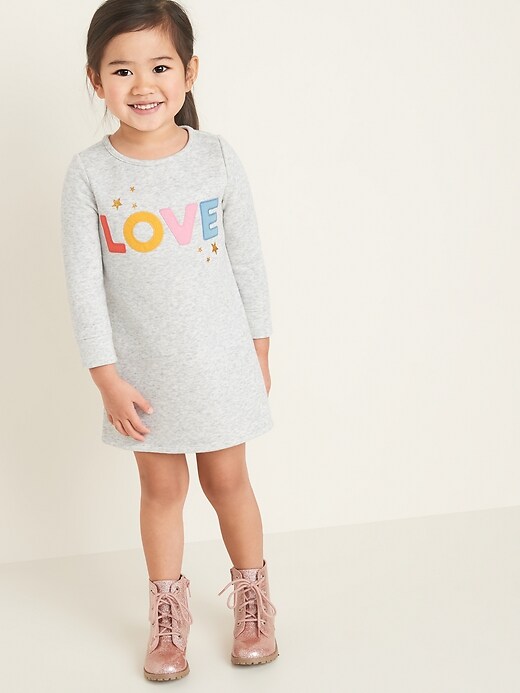 View large product image 1 of 3. "Love" Graphic Fleece-Knit Shift Dress for Toddler Girls