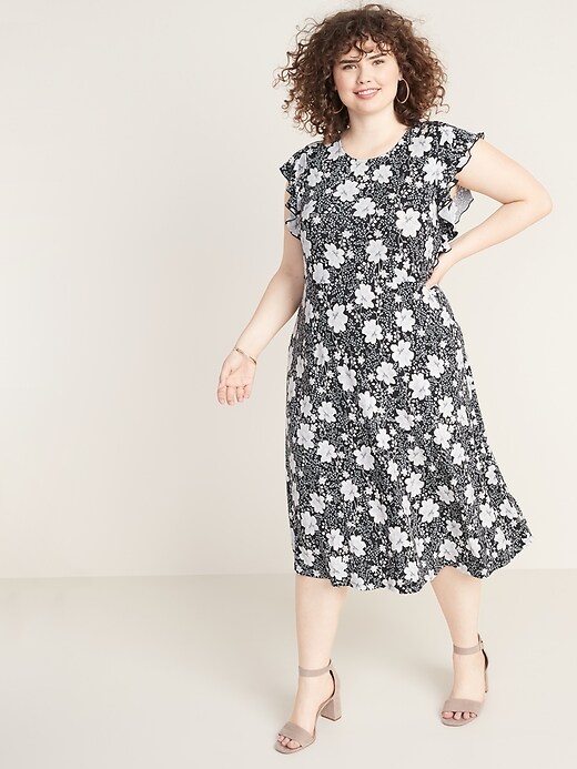 View large product image 1 of 1. Floral-Print Ruffle-Sleeve Fit & Flare Plus-Size Midi