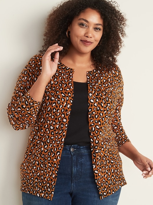 View large product image 1 of 1. Printed Crew-Neck Plus-Size Cardigan