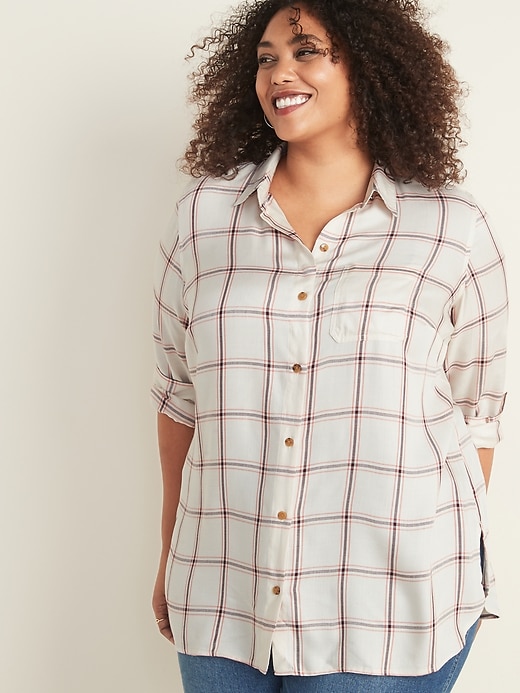 View large product image 1 of 1. Drapey Flannel No-Peek Plus-Size Tunic Shirt