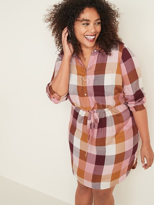 Image number 1 showing, Waist-Defined Plus-Size Plaid Pullover Shirt Dress