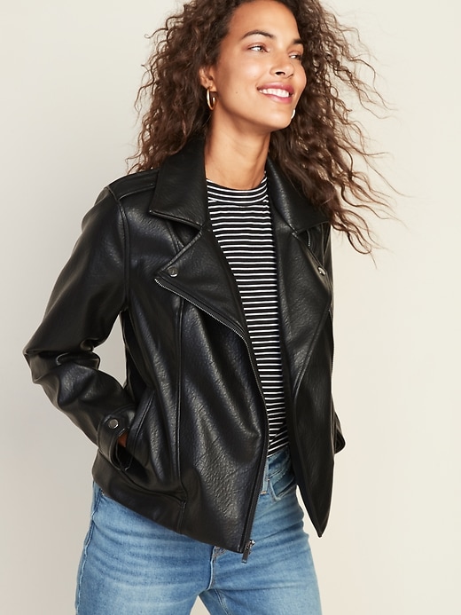 Image number 1 showing, Faux-Leather Moto Jacket for Women