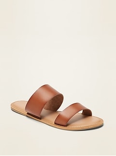 Faux-Leather Double-Strap Slide Sandals 