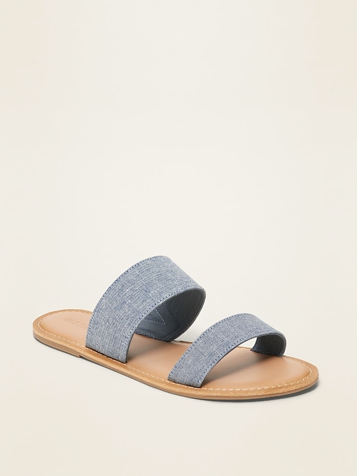 Image number 1 showing, Double-Strap Chambray Slide Sandals