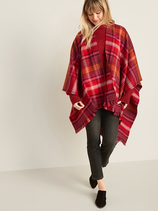 View large product image 1 of 3. Plaid Flannel Open-Front Poncho for Women