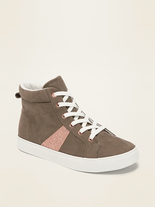 View large product image 1 of 3. Faux-Suede Glitter-Stripe High-Top Sneakers for Girls