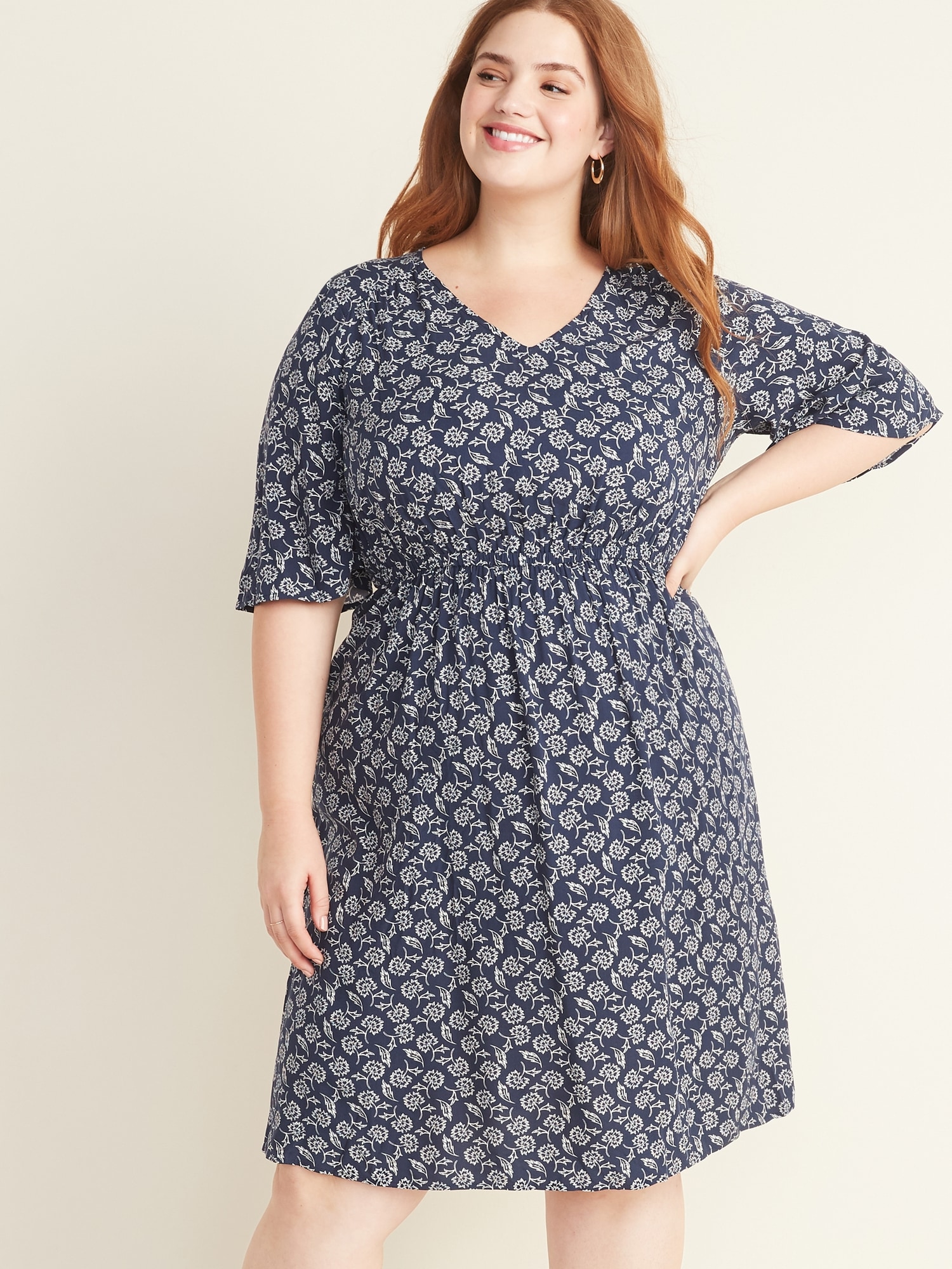 Waist-Defined Plus-Size Flutter-Sleeve Dress | Old Navy