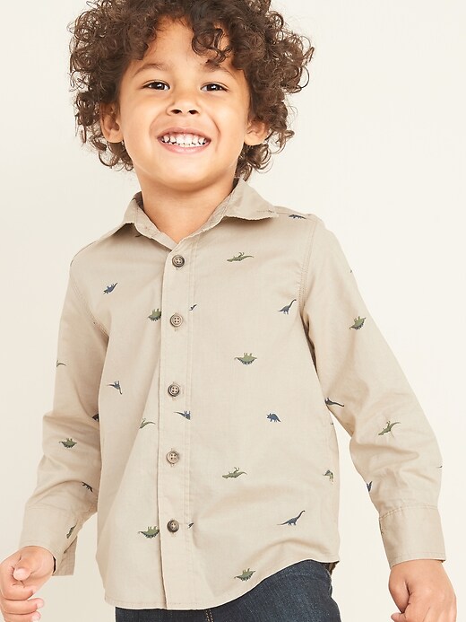 View large product image 1 of 1. Built-In Flex Printed Poplin Shirt for Toddler Boys