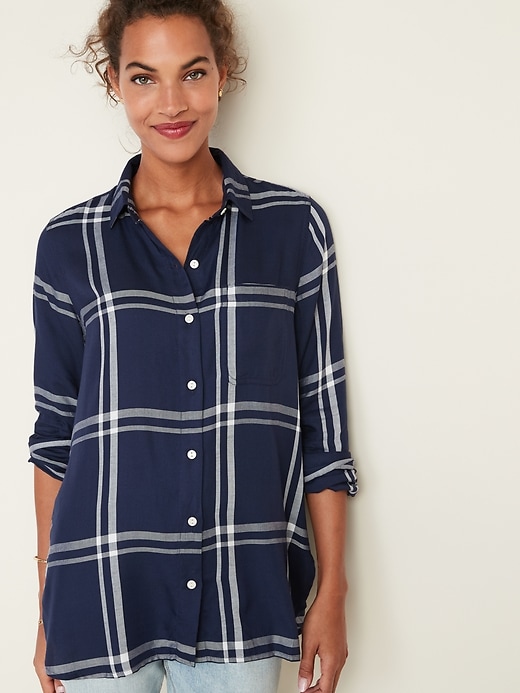 Image number 1 showing, Plaid Drapey Flannel Tunic Shirt for Women