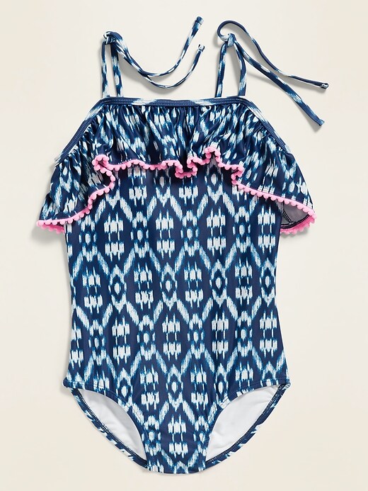 View large product image 2 of 2. Ruffled Pom-Pom-Trim Swimsuit for Girls
