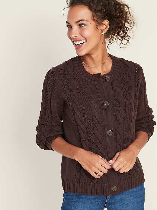 View large product image 1 of 1. Cable-Knit Crew-Neck Cardi for Women