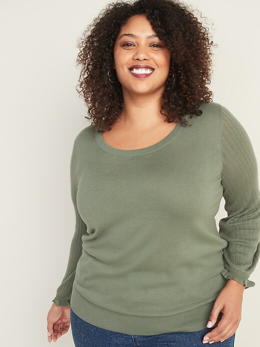 Image number 1 showing, Pointelle-Knit Ruffle-Sleeve Plus-Size Sweater
