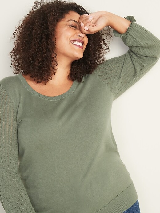 Image number 4 showing, Pointelle-Knit Ruffle-Sleeve Plus-Size Sweater
