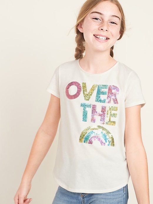 View large product image 1 of 2. Embellished Graphic Twist-Back Tunic Tee for Girls