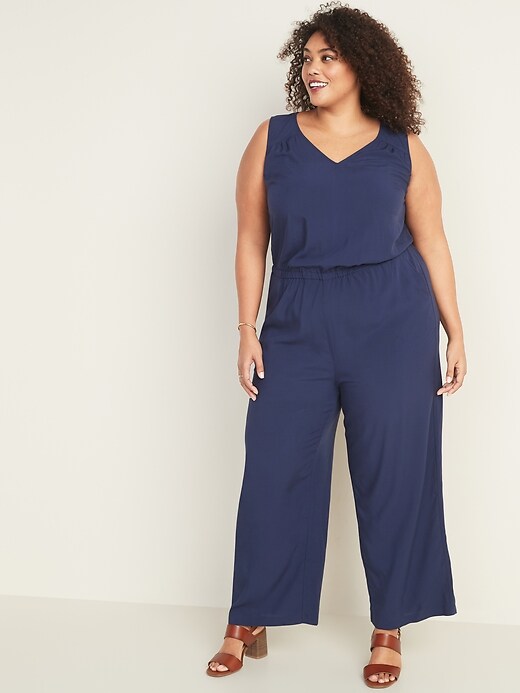 View large product image 1 of 1. Plus-Size Wide-Leg V-Neck Jumpsuit