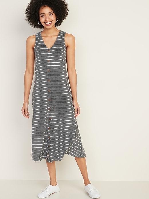 View large product image 1 of 1. Sleeveless Button-Front Rib-Knit Midi Dress