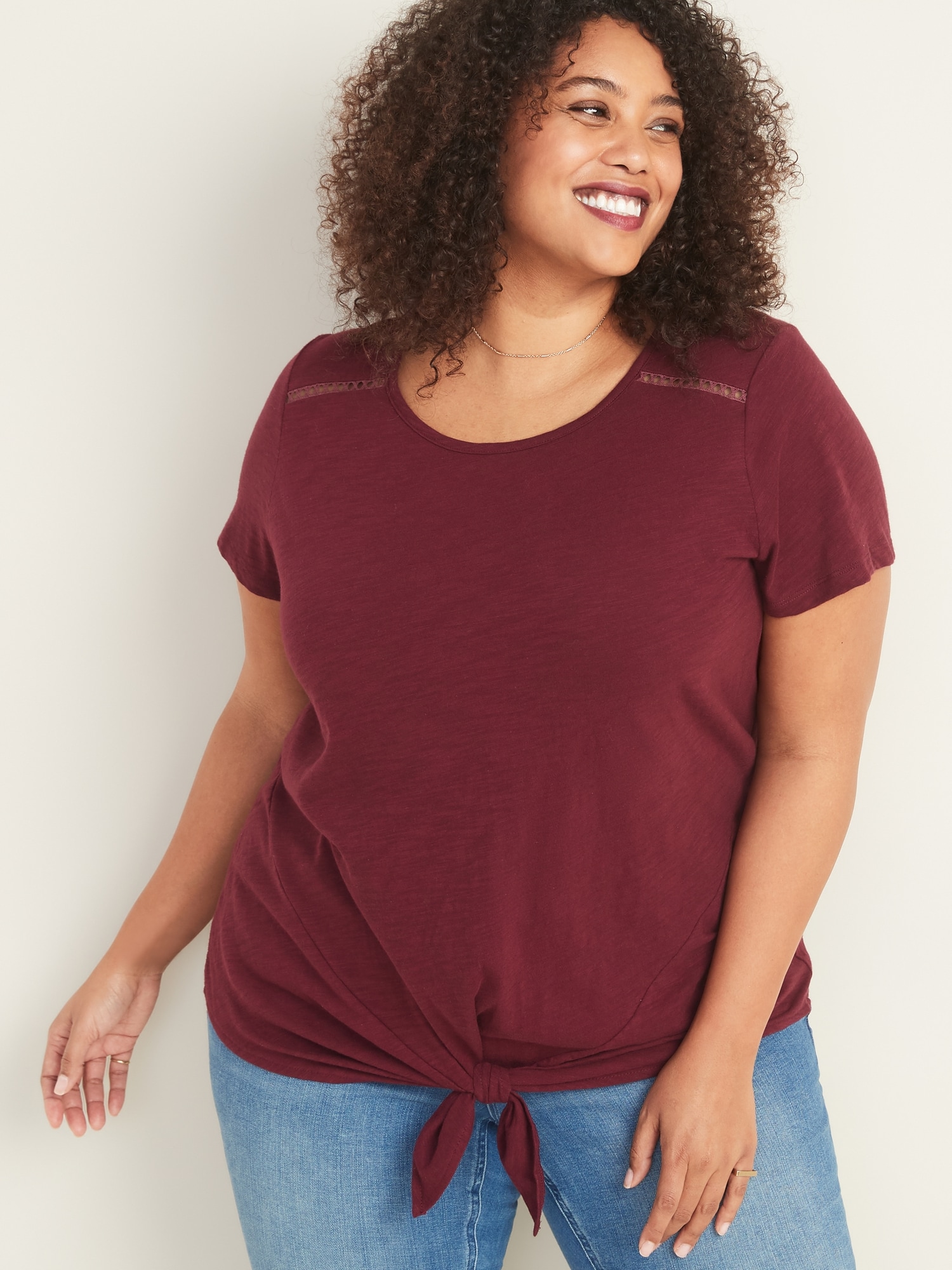 Plus-Size Lace-Trim Tie-Front Top | Old Navy