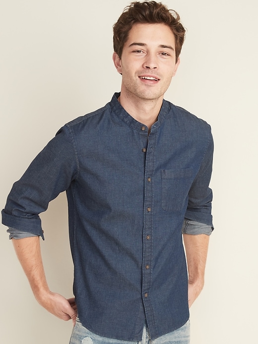 View large product image 1 of 1. Slim-Fit Built-In Flex Chambray Banded-Collar Shirt