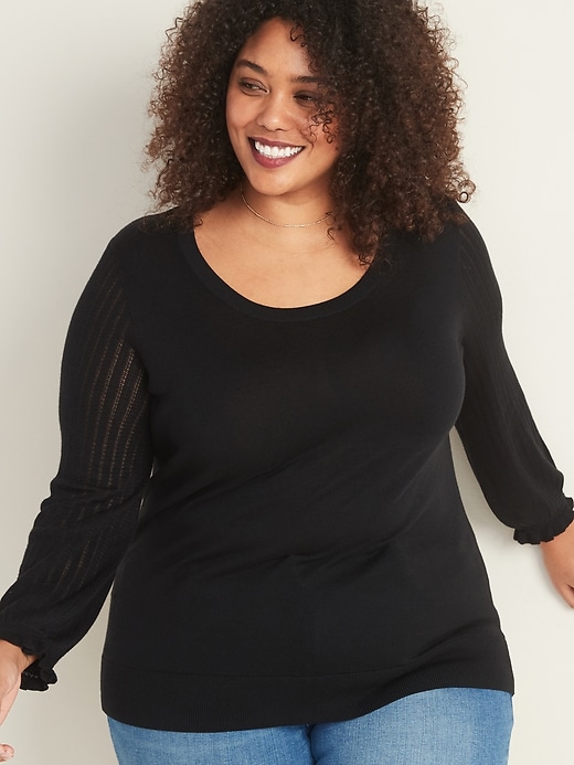 View large product image 1 of 1. Pointelle-Knit Ruffle-Sleeve Plus-Size Sweater