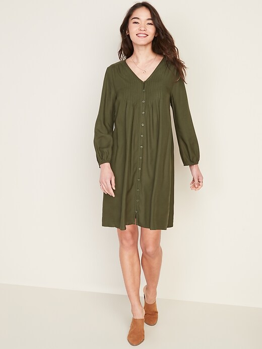View large product image 1 of 1. Pintucked Button-Front Swing Dress