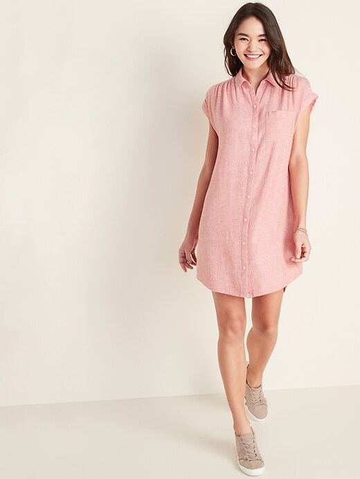 View large product image 1 of 1. Linen-Blend Shirred Shirt Dress for Women