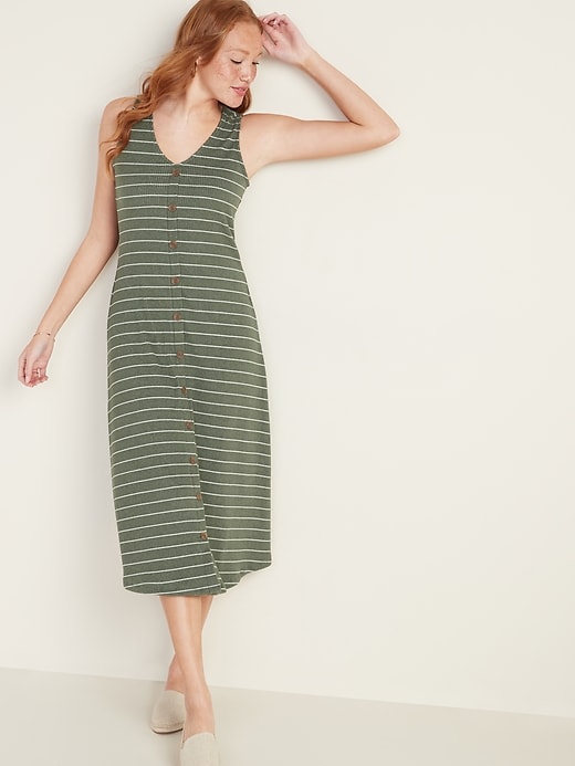 Image number 1 showing, Sleeveless Button-Front Rib-Knit Midi Dress for Women