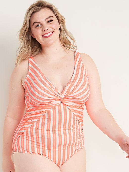 Image number 1 showing, Striped Secret-Slim Twist-Front Plus-Size One-Piece Swimsuit