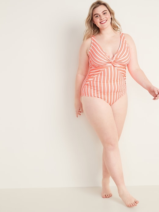Image number 3 showing, Striped Secret-Slim Twist-Front Plus-Size One-Piece Swimsuit