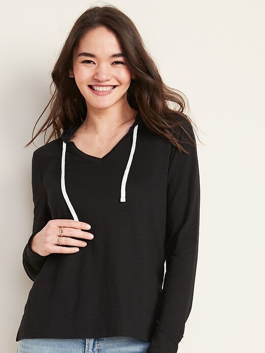 View large product image 1 of 1. Relaxed Lightweight Slub-Knit Pullover Tee Hoodie for Women