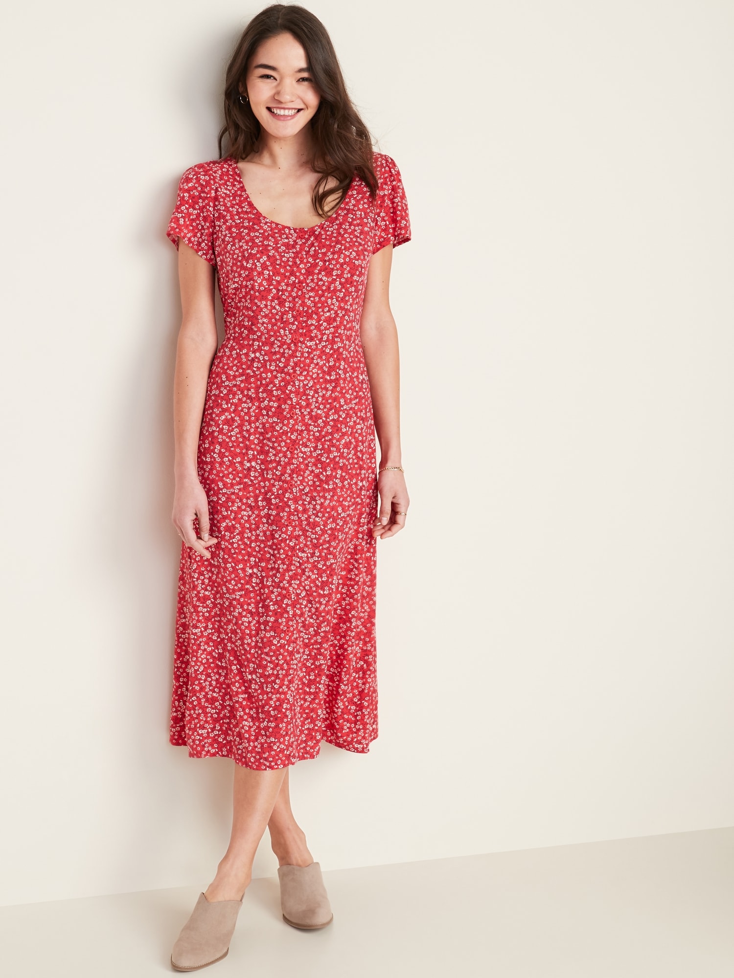 PRINTED BUTTON FRONT MIDI DRESS