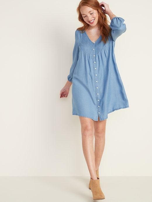 Image number 1 showing, Pintucked Button-Front Chambray Swing Dress