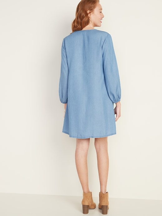 Image number 2 showing, Pintucked Button-Front Chambray Swing Dress