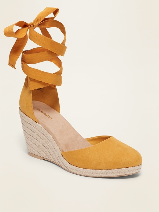View large product image 1 of 1. Faux-Suede Strappy Lace-Up Espadrille Wedge Shoes
