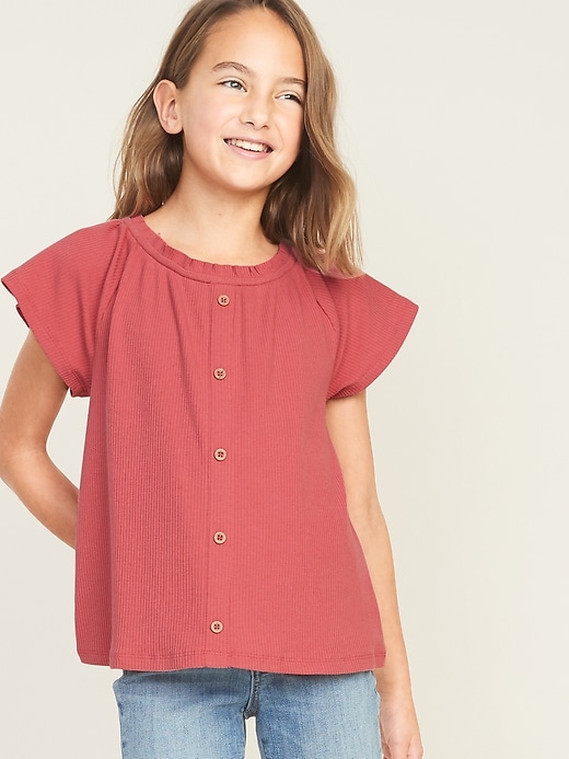 View large product image 1 of 4. Ruffled Rib-Knit Faux-Button Front Top for Girls