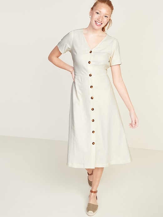 Image number 1 showing, Fit & Flare Button-Front Linen-Blend Midi Dress for Women