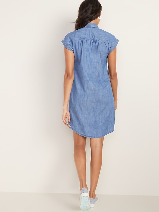 Image number 2 showing, Chambray Cap-Sleeve Shirt Dress for Women