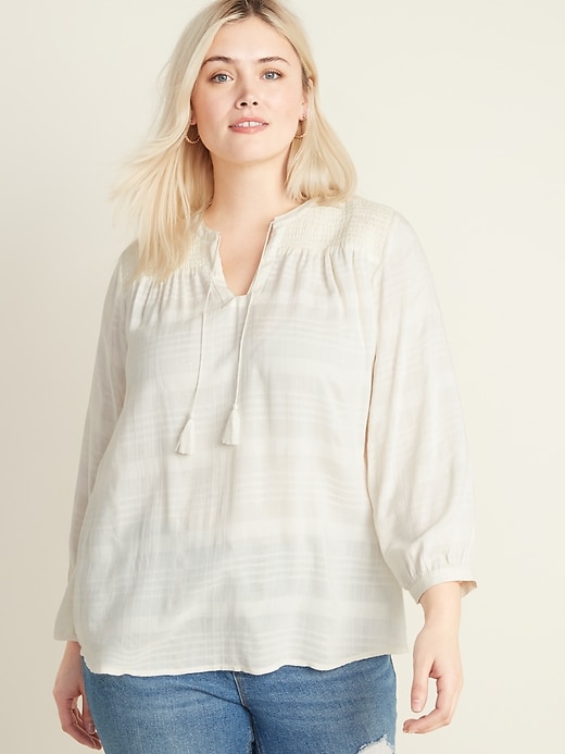 View large product image 1 of 1. Relaxed Plus-Size Split-Neck Textured Boho Top
