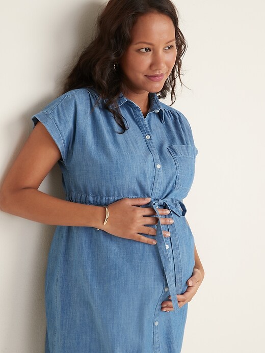 Image number 4 showing, Maternity Chambray Tie-Belt Shirt Dress