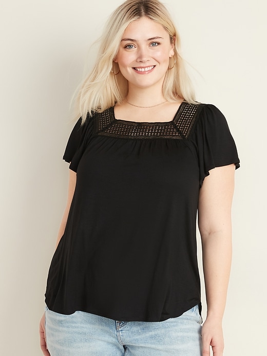 Relaxed Plus-Size Crochet-Trim Flutter-Sleeve Top | Old Navy