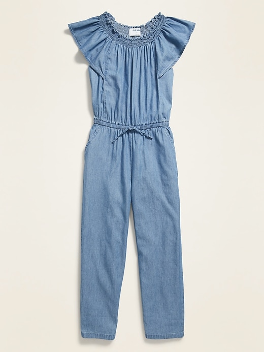 View large product image 2 of 3. Flutter-Sleeve Chambray Jumpsuit for Girls
