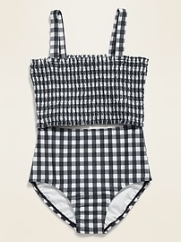 View large product image 3 of 3. Smocked Cut-Out One-Piece Patterned Swimsuit for Girls