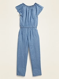 View large product image 3 of 3. Flutter-Sleeve Chambray Jumpsuit for Girls