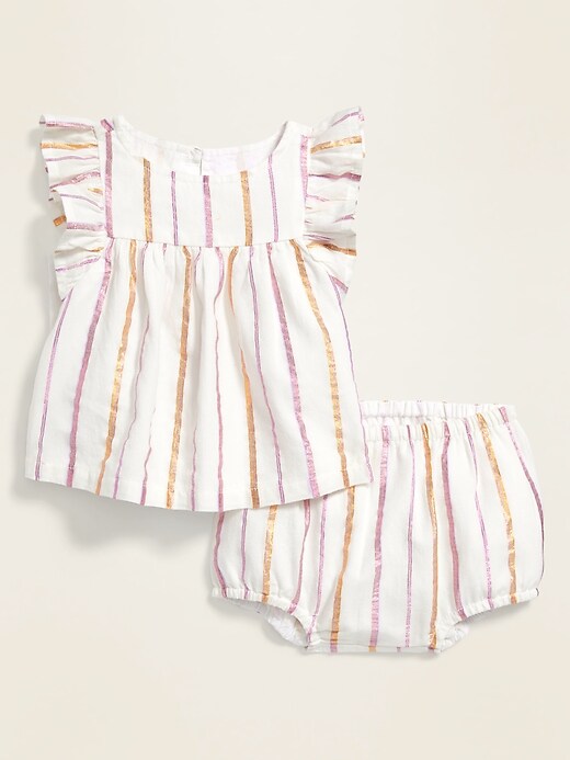 View large product image 1 of 2. Ruffled Metallic-Stripe Top & Bloomers Set for Baby