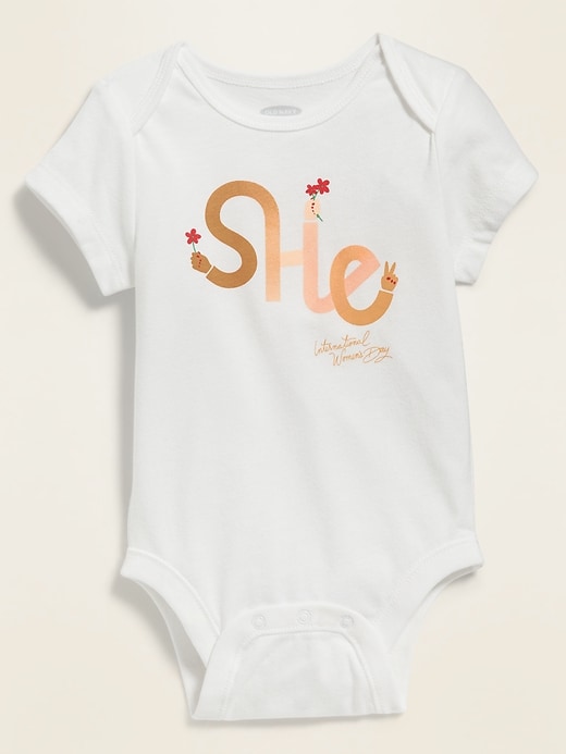 View large product image 1 of 2. "She" International Women's Day Graphic Bodysuit for Baby